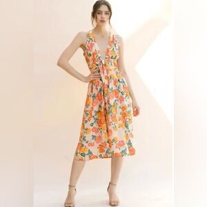 STORIA Spring Floral Midi Dress Size L Sleeveless Low V-Neck Lined Creamsicle